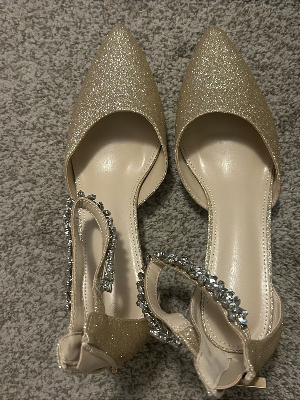 Women's Gold Glitter Pointed Toe Flats with Crystal Ankle Strap